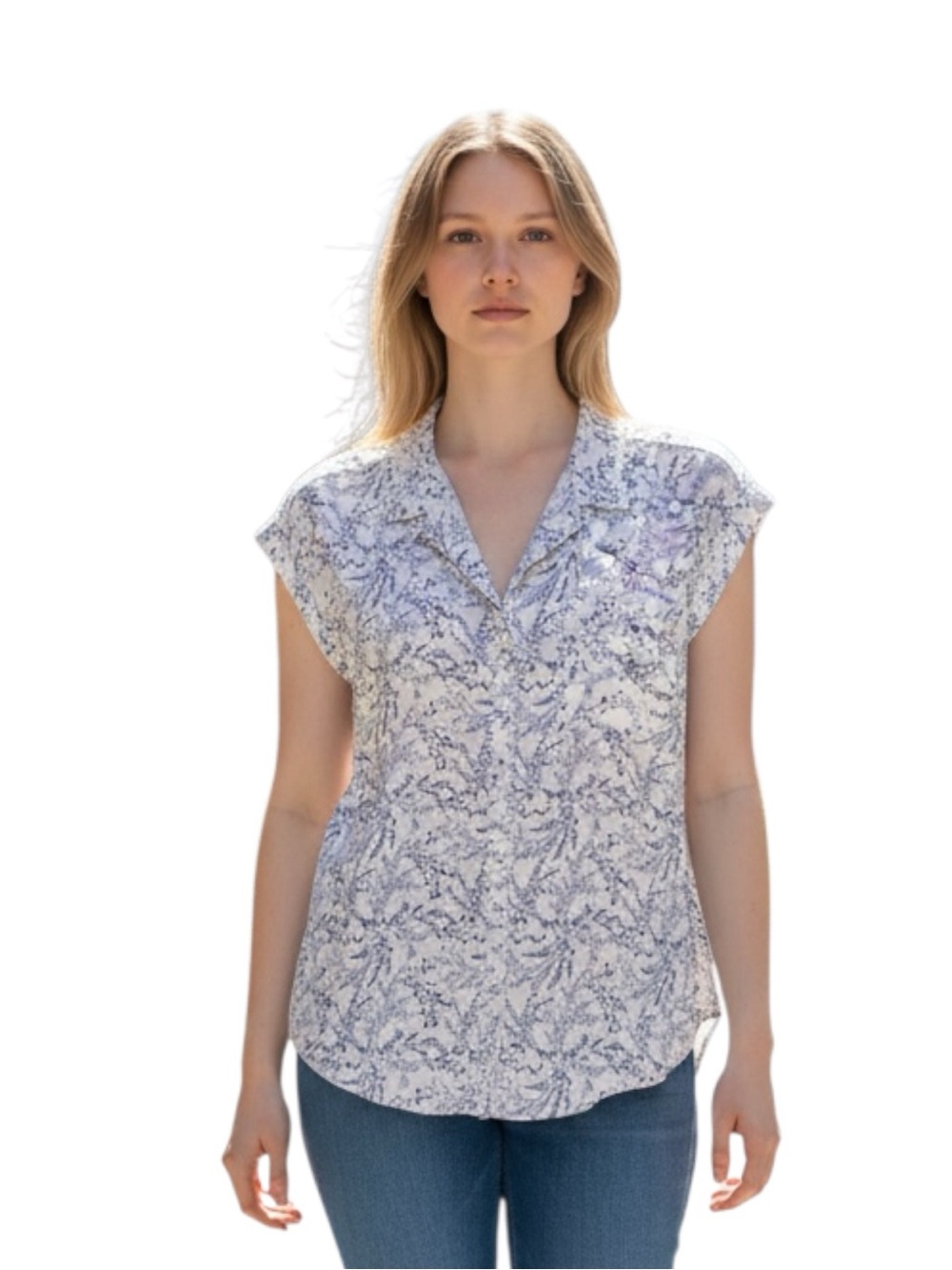 JACHS Girlfriend Light Blue Floral Split V-Neck Cap Sleeve Blouse Size S